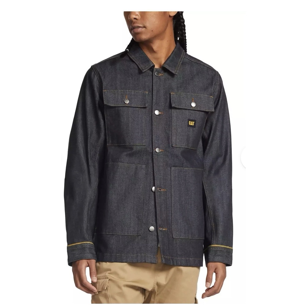 Caterpillar Mens Self Edge Denim Button Up Work Shirt Jacket Front Pockets SZ XL